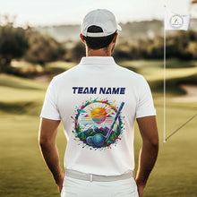 Load image into Gallery viewer, Mens Golf Polo Shirt Watercolor Golfer Golf Pattern Custom Name White Golf Shirt, Golf Gifts NBT685