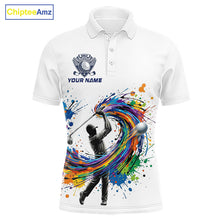 Load image into Gallery viewer, Mens Golf Polo Shirt Watercolor Golfer Golf Pattern Custom Name White Golf Shirt, Golf Gifts NBT685
