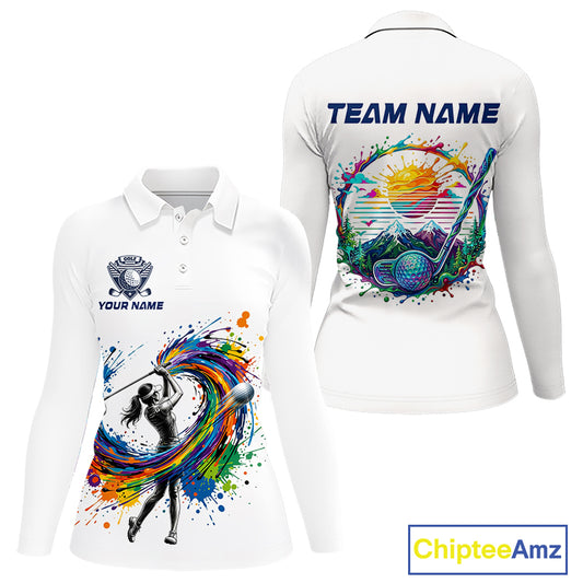 Womens Golf Polo Shirt Watercolor Golfer Golf Pattern Custom Name White Golf Shirt, Golf Gifts NBT685