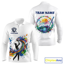 Load image into Gallery viewer, Mens Golf Polo Shirt Watercolor Golfer Golf Pattern Custom Name White Golf Shirt, Golf Gifts NBT685