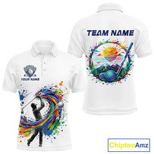 Load image into Gallery viewer, Mens Golf Polo Shirt Watercolor Golfer Golf Pattern Custom Name White Golf Shirt, Golf Gifts NBT685