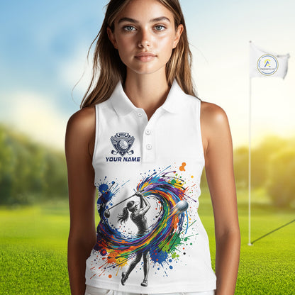 Womens Golf Polo Shirt Watercolor Golfer Golf Pattern Custom Name White Golf Shirt, Golf Gifts NBT685