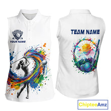 Load image into Gallery viewer, Womens Golf Polo Shirt Watercolor Golfer Golf Pattern Custom Name White Golf Shirt, Golf Gifts NBT685