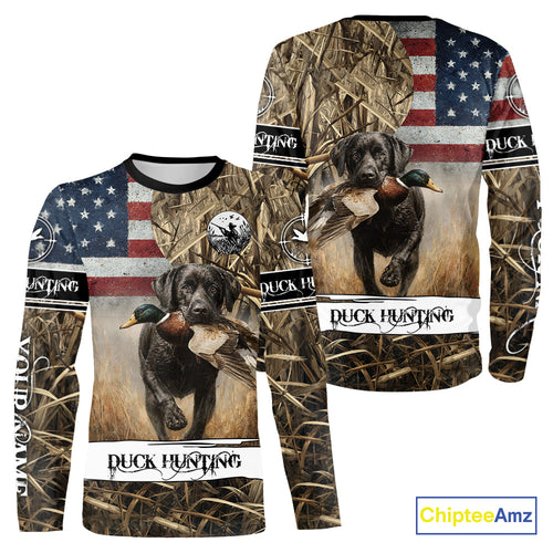 Duck Hunting Waterfowl Camo US Flag Black Labrador Retriever Dog Shirts, Duck Hunting Gifts NBT80