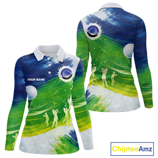 Womens Golf Polo Shirts Custom Name Blue And Green Golf Shirt, Tournament Golf Tops For Ladies NBT546