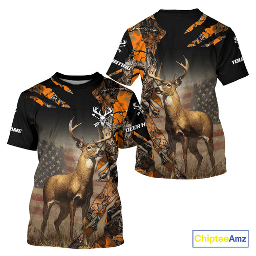 Deer Hunting Shirt Orange Forest Camo US Flag Custom Name Hoodie, Long Sleeve For Men NBT256