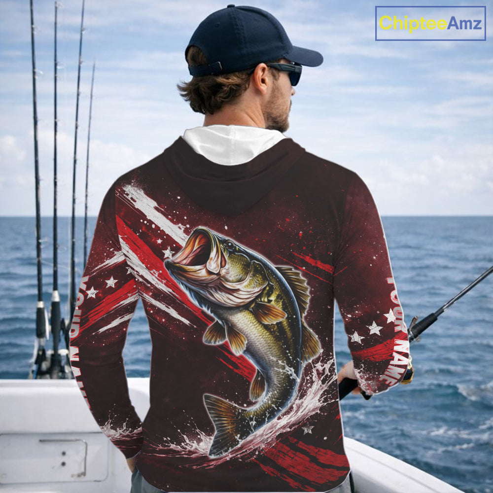 American Flag Fishing Shirt, Bass Long Sleeve Hooded Fishing Shirts, Bass Fishing Tournament Shirts|Red NBT434