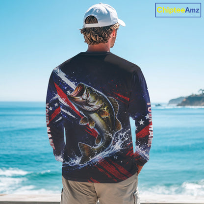 American Flag Fishing Shirt, Bass Fishing Shirts Long Sleeve, Bass Fishing Tournament Shirts| Blue NBT433