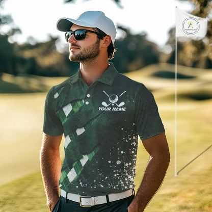 A golfer man in a golf course wearing a green argyle plaid pattern golf polo shirt with “Your Name” and a golf course graphic on the chest.