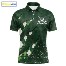 Load image into Gallery viewer, Front views of a green argyle plaid pattern golf polo shirt, chest name text.
