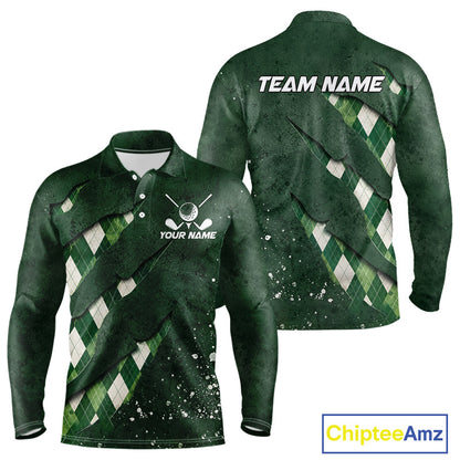 Front and back views of a green argyle plaid pattern long sleeve golf polo shirt, chest name text, and team name on the back.