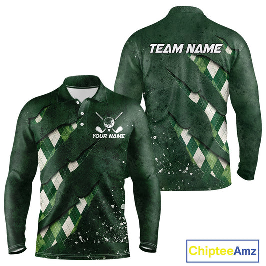 Front and back views of a green argyle plaid pattern long sleeve golf polo shirt, chest name text, and team name on the back.