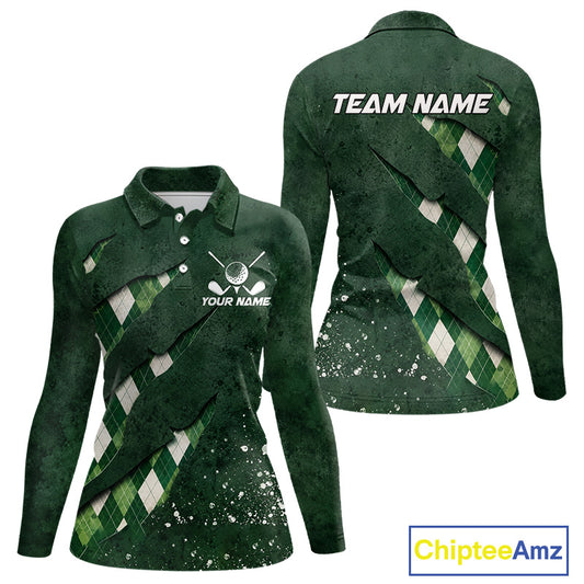Front and back views of a womens green argyle pattern long sleeve golf polo shirt, chest name text, and team name on the back.