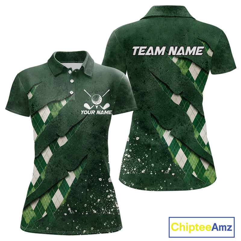 Front and back views of a womens green argyle pattern golf polo shirt, chest name text, and team name on the back.