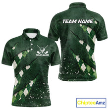 Load image into Gallery viewer, Front and back views of a green argyle plaid pattern golf polo shirt, chest name text, and team name on the back.