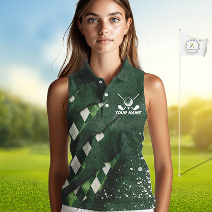 A woman wearing a green argyle pattern sleeveless golf polo shirt with “Your Name” on the chest.