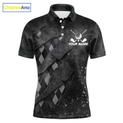 Front views of a gray argyle plaid pattern golf polo shirt, chest name text.