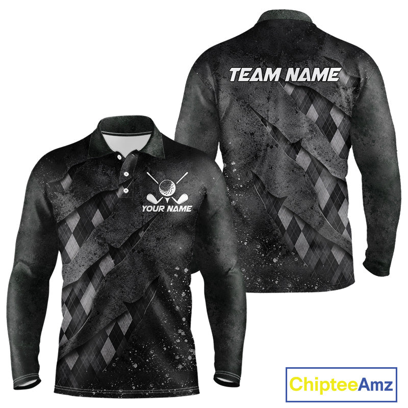 Front and back views of a gray argyle plaid pattern long sleeve golf polo shirt, chest name text, and team name on the back.