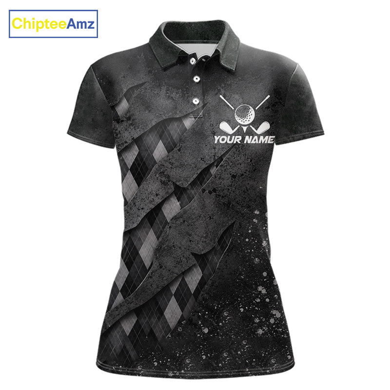Front views of a womens gray argyle pattern golf polo shirt, chest name text.