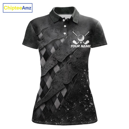 Front views of a womens gray argyle pattern golf polo shirt, chest name text.