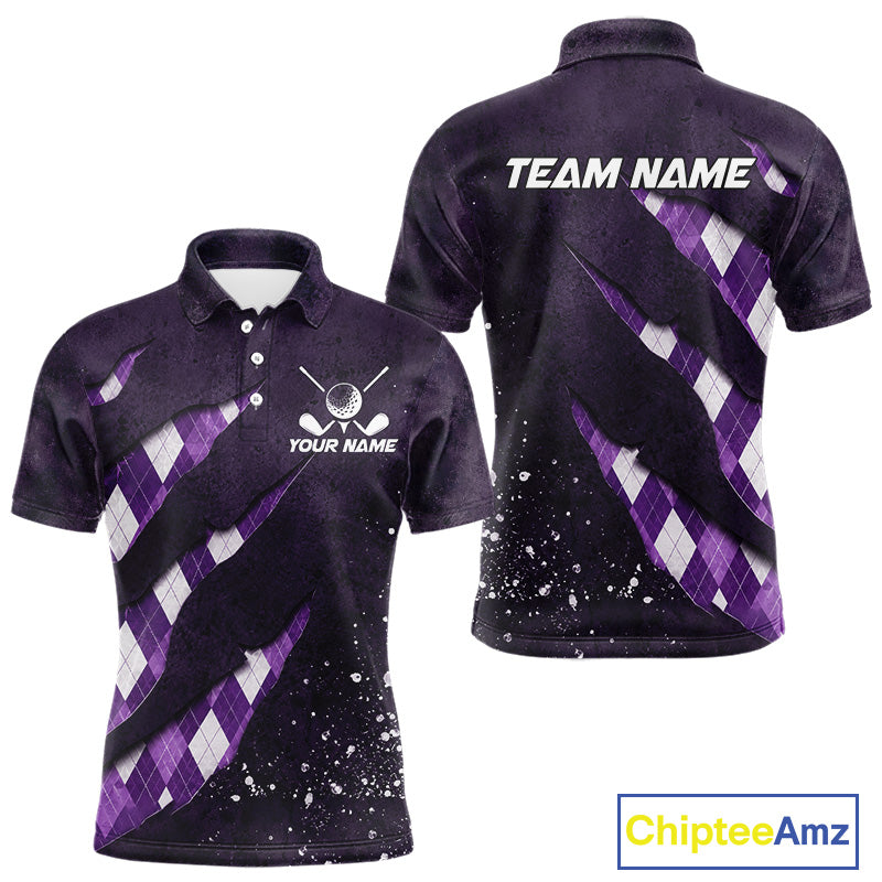 Front and back views of a purple argyle plaid pattern golf polo shirt, chest name text, and team name on the back.