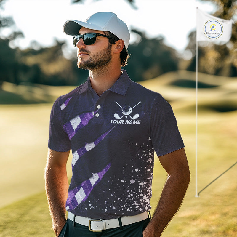 A golfer man in a golf course wearing a purple argyle plaid pattern golf polo shirt with “Your Name” and a golf course graphic on the chest.