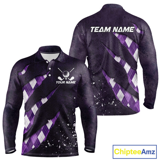 Front and back views of a purple argyle plaid pattern long sleeve golf polo shirt, chest name text, and team name on the back.