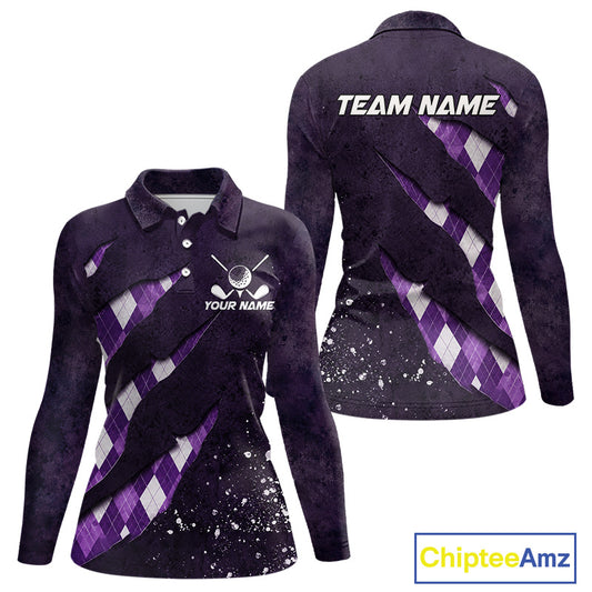Front and back views of a womens green argyle pattern long sleeve golf polo shirt, chest name text, and team name on the back.