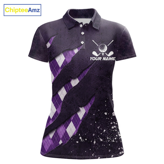 Front views of a womens purple argyle pattern golf polo shirt, chest name text, and team name on the back.