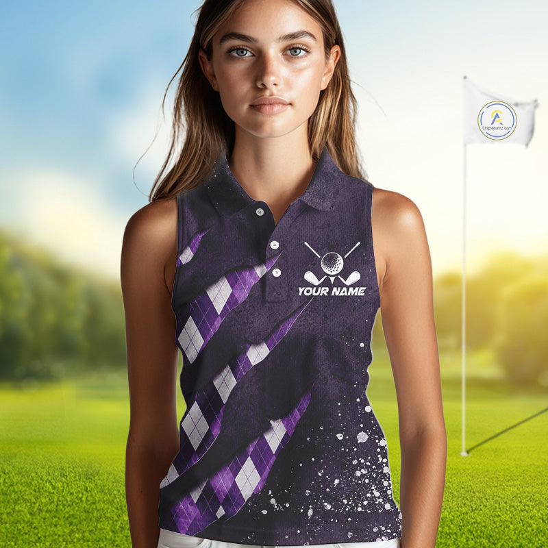 A woman wearing a green argyle sleeveless golf polo shirt with “Your Name” and a golf clubs graphic on the chest.