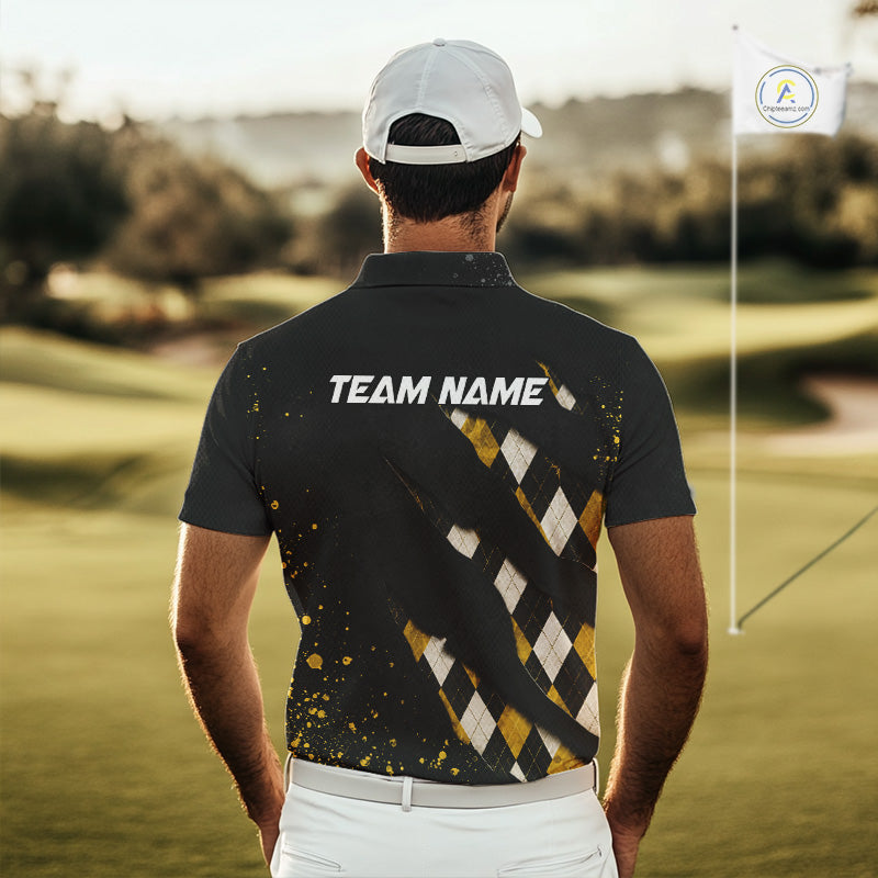 A golfer man in a golf course wearing a purple argyle plaid pattern golf polo shirt with “Team Name” on the back.