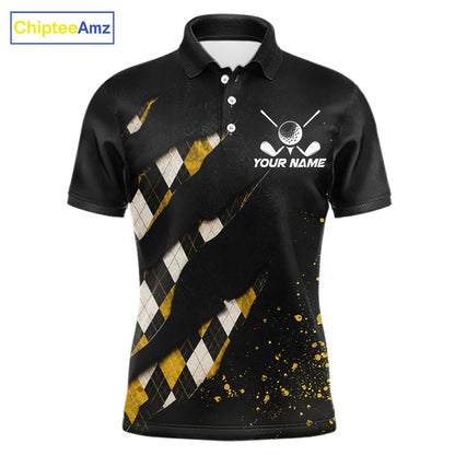 Front views of a black, yellow argyle plaid pattern golf polo shirt, chest name text.