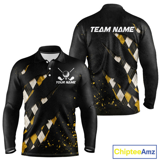 Front and back views of a black, yellow argyle plaid pattern long sleeve golf polo shirt, chest name text, and team name on the back.