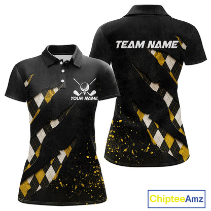 Front and back views of a womens black and yellow argyle pattern golf polo shirt, chest name text, and team name on the back.