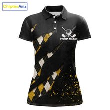 Load image into Gallery viewer, Front views of a womens green argyle pattern golf polo shirt, chest name text.