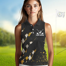 Load image into Gallery viewer, A woman wearing a black and yellow argyle golf polo shirt with “Your Name” and a golf clubs graphic on the chest.