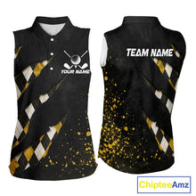 Load image into Gallery viewer, Front and back views of a womens black and yellow argyle pattern sleeveless golf polo shirt, chest name text, and team name on the back.