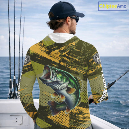 Green Camo Custom Largemouth Bass Fishing Shirts with Hood For Men, Bass Fishing Jerseys NBT438
