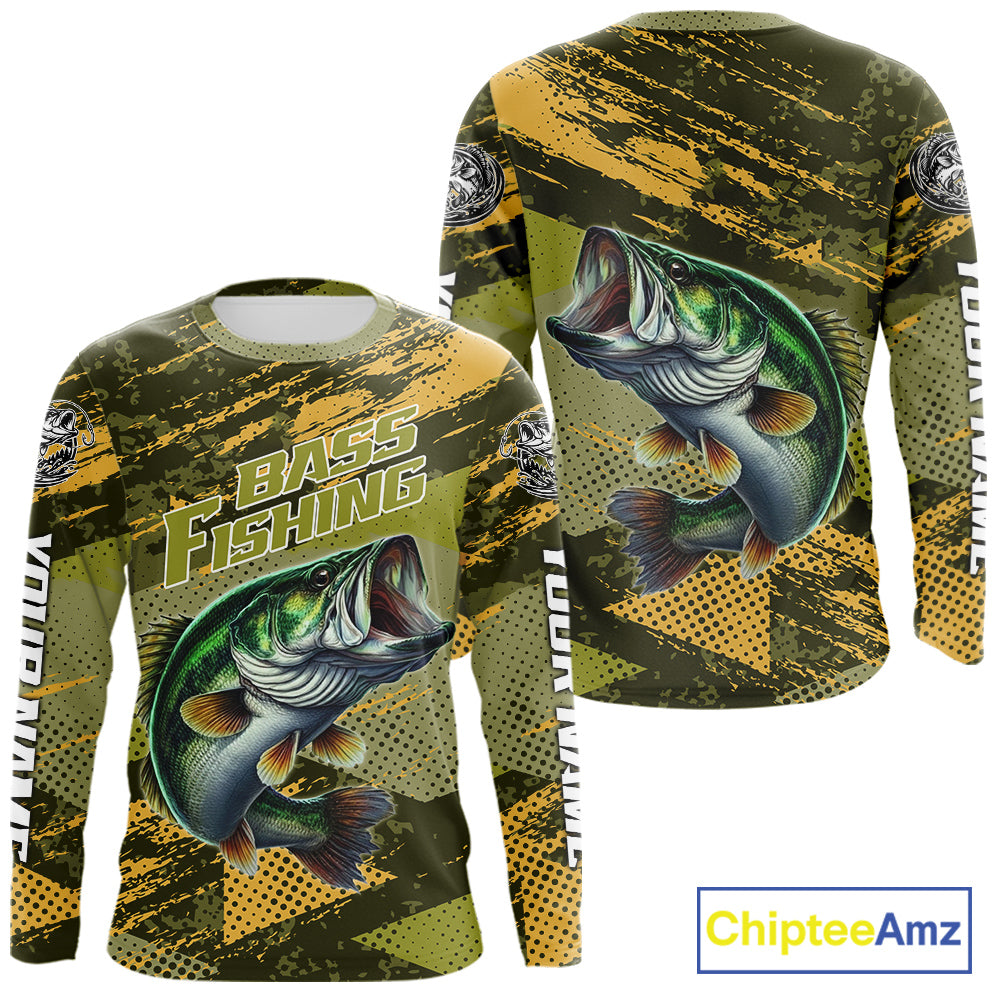 Green Camo Custom Largemouth Bass Fishing Shirts For Men, Bass Fishing Jerseys NBT438