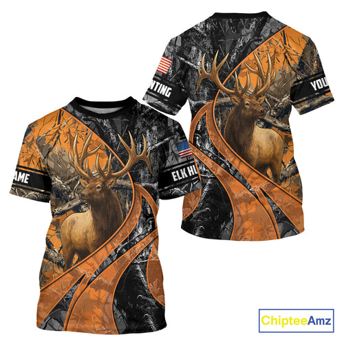Elk Hunting Orange and Black Camo Shirts with US Flag, Personalized Hunting Shirt NBT100