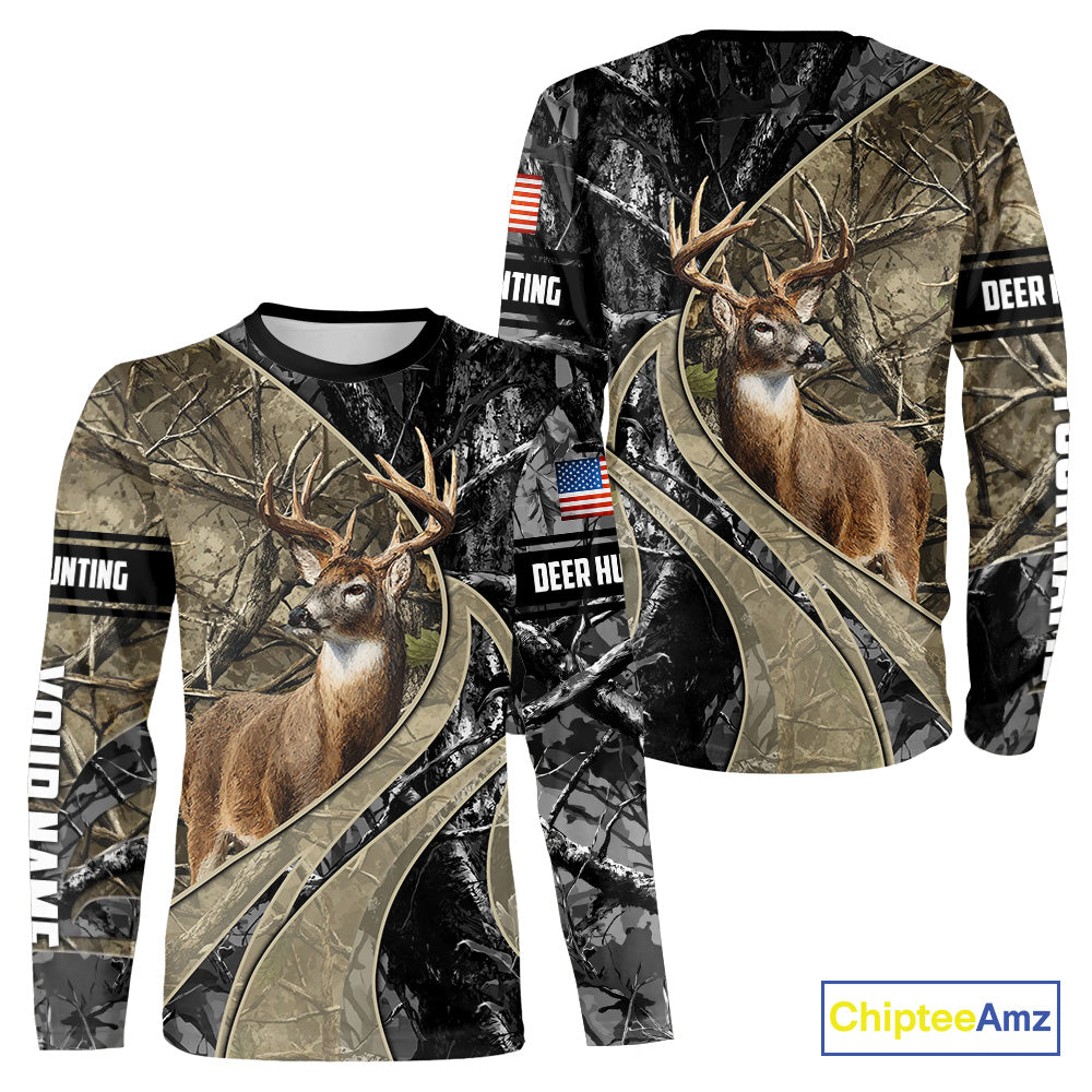 Whitetail Deer Hunting Brown and Black Camo Shirts with US Flag, Personalized Hunting Shirt NBT101