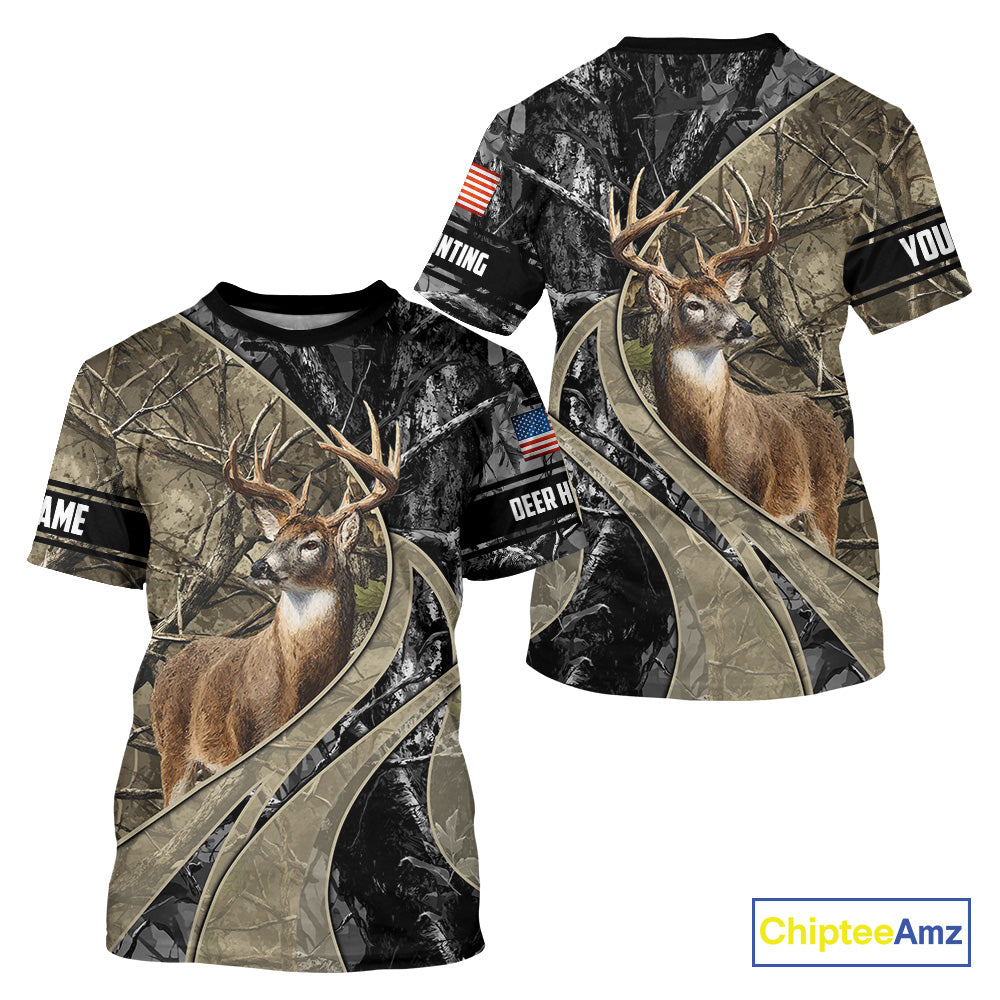 Whitetail Deer Hunting Brown and Black Camo Shirts with US Flag, Personalized Hunting Shirt NBT101