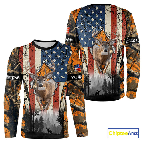 Whitetail Deer Hunting Big Game US Flag Custom Name Orange Camo Shirts, Personalized Deer Hunting Clothing NBT265