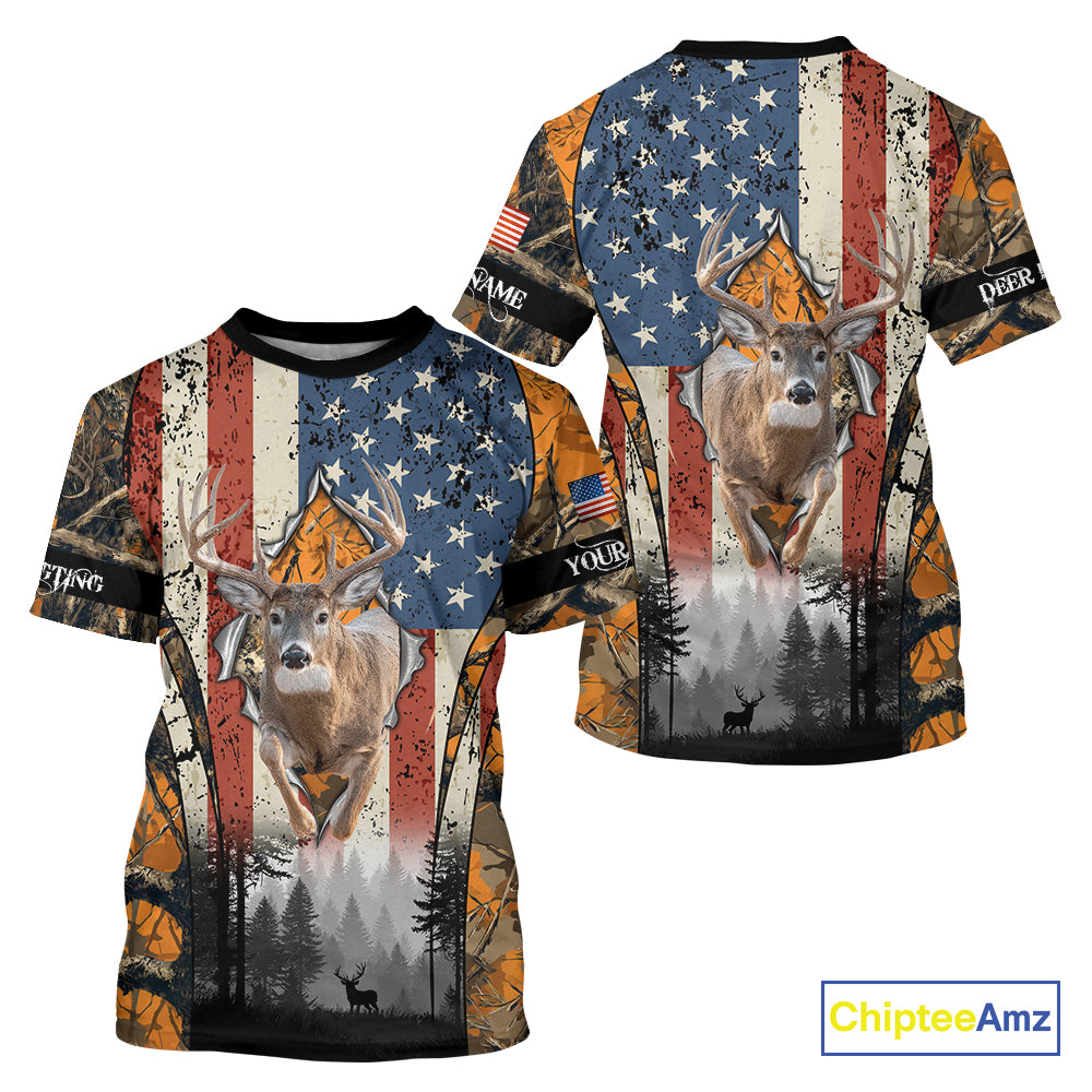 Whitetail Deer Hunting Big Game US Flag Custom Name Orange Camo Shirts, Hunting Clothing NBT265