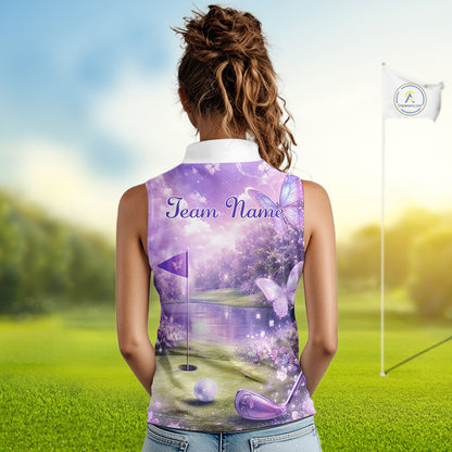 Purple Butterfly Womens Sleeveless Golf Polo Shirt Custom Name Floral Colorful Golf Shirts NBT557
