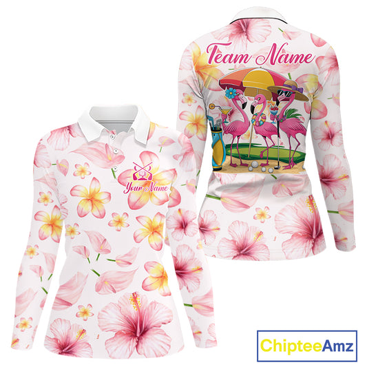 Custom Pink Tropical Flower Funny Flamingo Womens Golf Polo Shirts, Funny Golf Shirts For Ladies NBT565