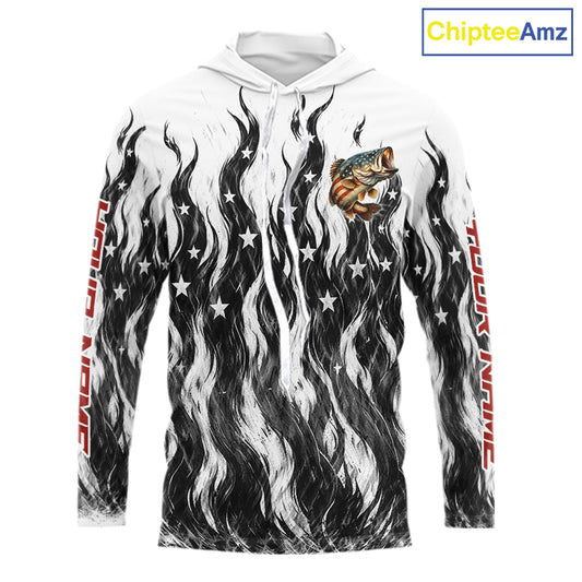 Black Camo American Flag Bass Long Sleeve Hooded Fishing Shirts, Patriotic Fishing Shirt NBT456