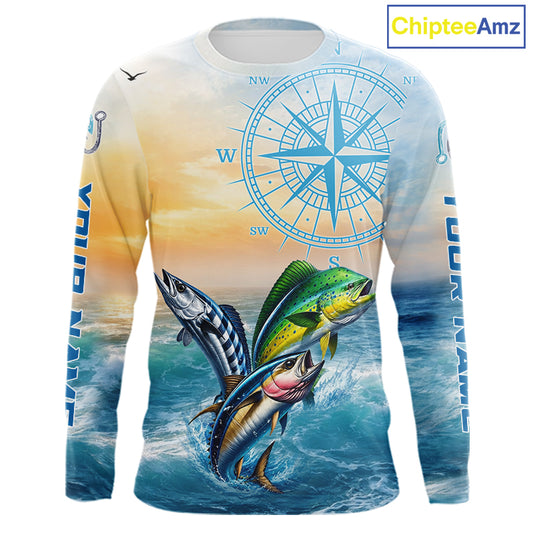 Front view of personalized mahi mahi wahoo tuna blue performance fishing shirt