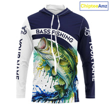 Load image into Gallery viewer, Custom Bass Fishing Shirts Long Sleeve with Hood Blue Camo Color Paint, Bass Fishing Shirts NBT461