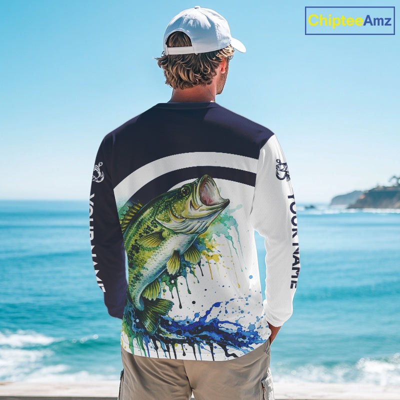Custom Bass Fishing Shirts Long Sleeve Blue Camo Color Paint, Bass Fishing Shirts NBT461